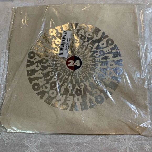 NWT Tory Burch Vote Tote Cotton Canvas Cream with Silver Graphic Gorgeous - Picture 3 of 6